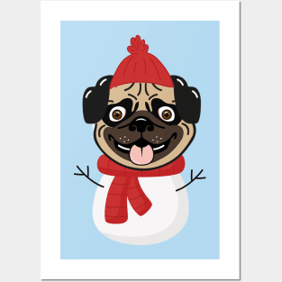 Snowpug (Snowman Pug) Dog Head with Winter Clothes Posters and Art